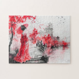 Chinesische Wasserfarbe Geisha auf einer Brücke Puzzle