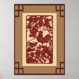 Chinesische Zodiac Rooster Papercut Szene Poster