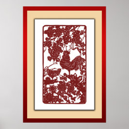 Chinesische Zodiac Rooster Papercut Szene Poster