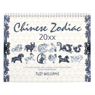 Chinesische Zodiac-Tiere Blue White Minimal Custom Kalender