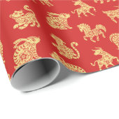 Chinesische Zodiac-Tiere Neujahr Red Gold Geschenkpapier (Rolleneckpunkt)