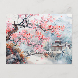 Chinesischer Aquarelltempel mit Kirschblüten Postkarte