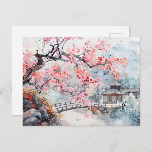 Chinesischer Aquarelltempel mit Kirschblüten Postkarte (Vorne/Hinten)