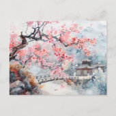 Chinesischer Aquarelltempel mit Kirschblüten Postkarte (Vorderseite)