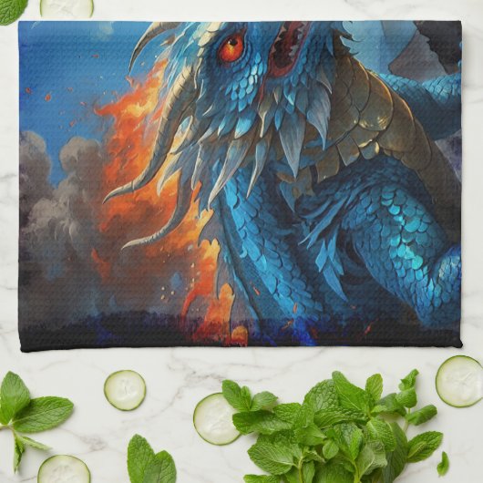 Chinesischer Blauer Drache und Vulkan Geschirrtuch (Gefaltet)