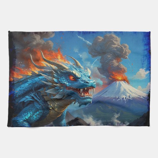 Chinesischer Blauer Drache und Vulkan Geschirrtuch (Horizontal)