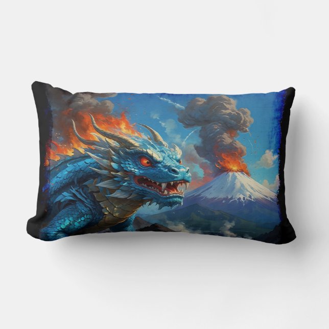 Chinesischer Blauer Drache und Vulkan Lendenkissen (Vorderseite)