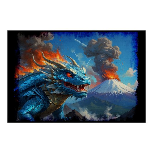 Chinesischer Blauer Drache und Vulkan Poster (Vorderseite)