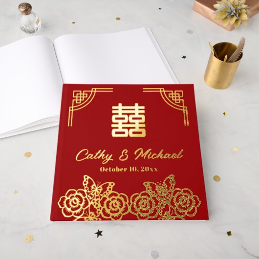 Chinesischer Blume-Schmetterling-Hochzeitspapier Gästebuch (Vorderseite Offen)