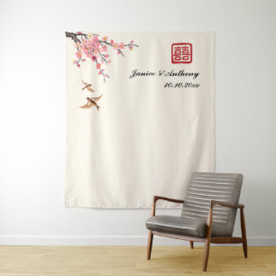 Chinesischer Blumen-Vogel-Hochzeitsfoto-Hintergrun Wandteppich