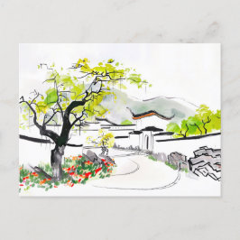 Chinesischer Dorfblick mit traditionellem Tempel Postkarte