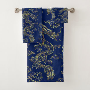 Chinesischer Drache Gold und Dunkelblau Badhandtuch Set