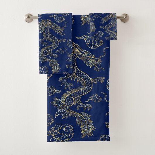Chinesischer Drache Gold und Dunkelblau Badhandtuch Set (Insitu)