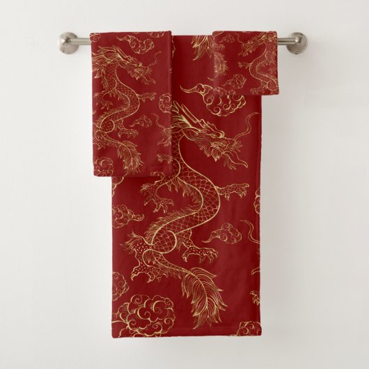 Chinesischer Drache Gold und Dunkelrot Badhandtuch Set (Insitu)