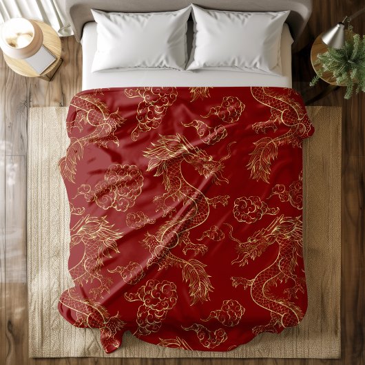 Chinesischer Drache Gold und Dunkelrot Fleecedecke