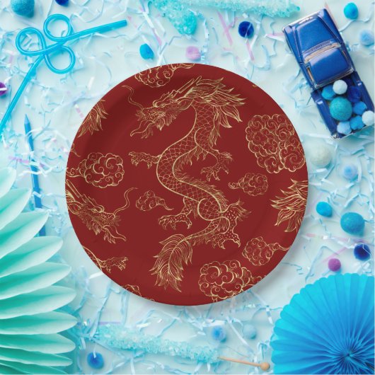 Chinesischer Drache Gold und Dunkelrot Pappteller (Party)