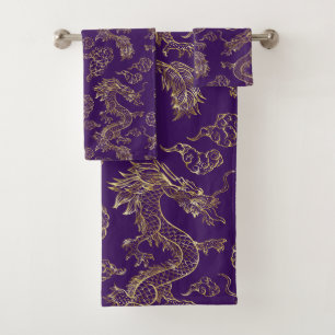 Chinesischer Drache Gold und Dunkelviolett Badhandtuch Set