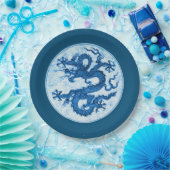 Chinesischer Drache, Indigoblau und Weißbuch Pappteller (Party)