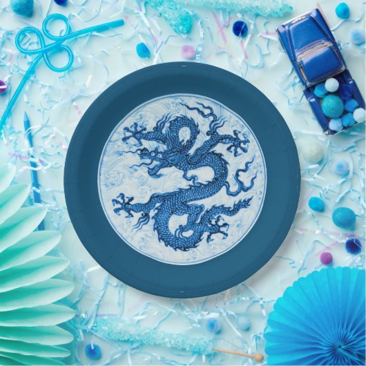 Chinesischer Drache, Indigoblau und Weißbuch Pappteller (Party)