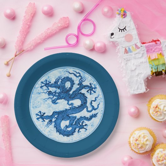 Chinesischer Drache, Indigoblau und Weißbuch Pappteller (Party)
