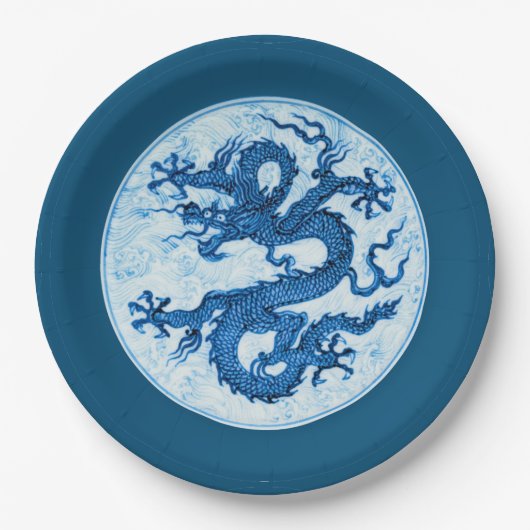 Chinesischer Drache, Indigoblau und Weißbuch Pappteller (Vorderseite)