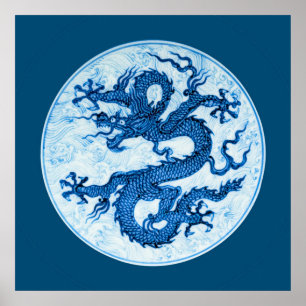 Chinesischer Drache, Indigoblau und Weißes Poster