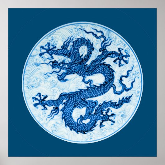 Chinesischer Drache, Indigoblau und Weißes Poster (Vorne)