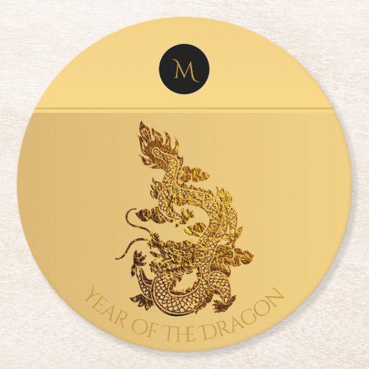 Chinesischer Drache Jahr 2024 Elegantes Monogramm  Runder Pappuntersetzer (Vorderseite)