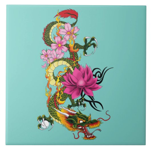 Chinesischer Drache Lotus Cherry Blüten Fliese (Vorderseite)