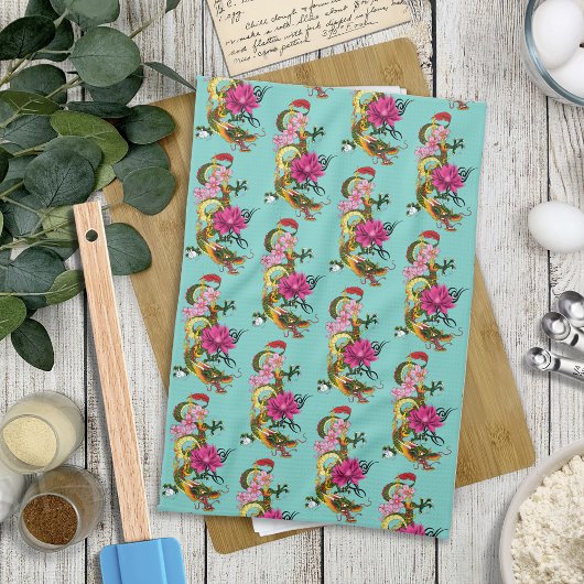 Chinesischer Drache Lotus Cherry Blüten Geschirrtuch