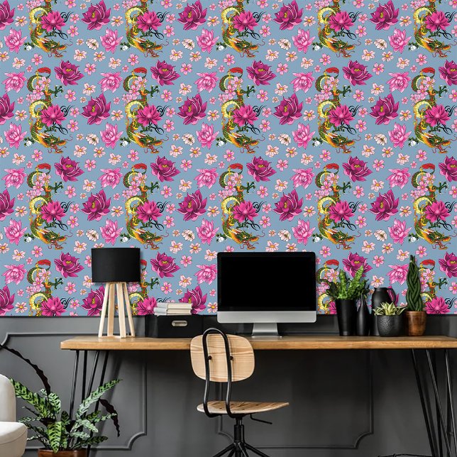 Chinesischer Drache Lotus Cherry Blüten Tapete (Von Creator hochgeladen)