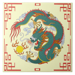 Chinesischer Drache mit Roter Grenze - Dekorations Fliese