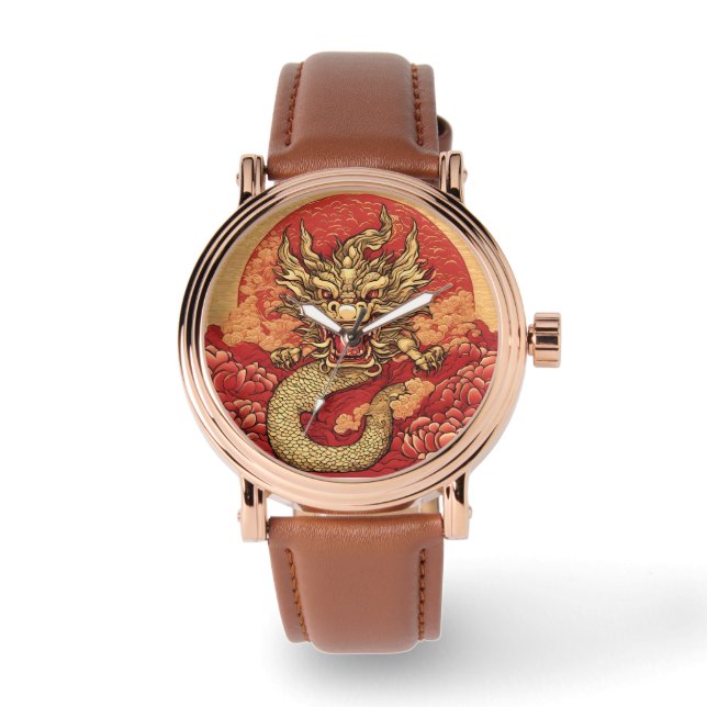 Chinesischer Drache Rose Gold Watch Armbanduhr (Vorderseite)