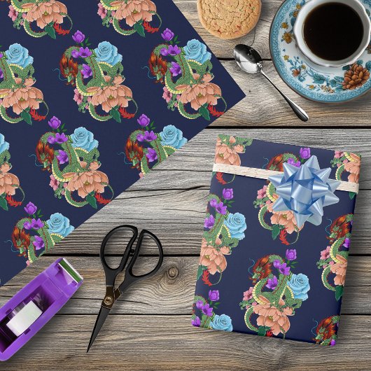 Chinesischer Drache und Blume Geschenkpapier