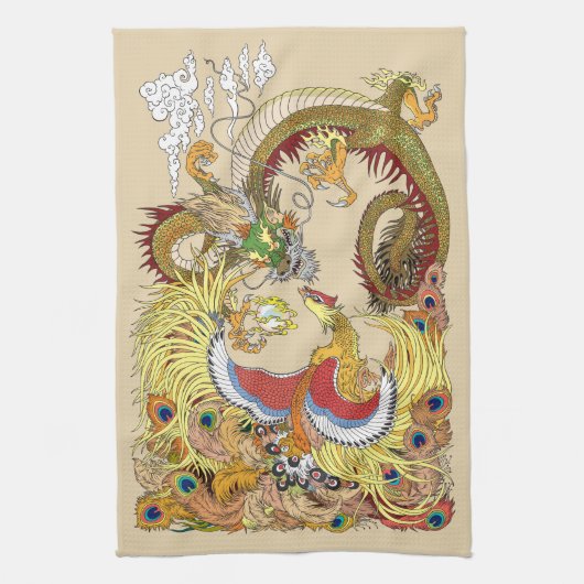 Chinesischer Drache und Phoenix Geschirrtuch (Vertikal)