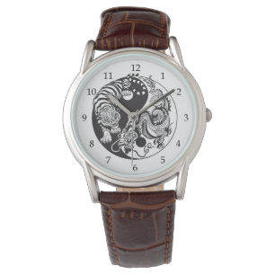 Chinesischer Drache und weißer Tiger Yin Yang Armbanduhr
