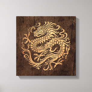 Chinesischer Drachenkreis mit Holzkorn-Effekt Leinwanddruck