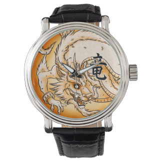 Chinesischer Drachenschwarzer Vintager Lederuhr Armbanduhr
