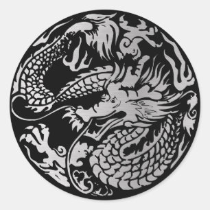 Chinesischer Drachensticker mit Schwarz und Silber Runder Aufkleber