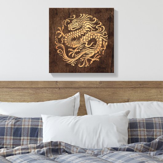 Chinesischer Drachenzirkel mit Holzkörneffekt Leinwanddruck (Insitu (Schlafzimmer))
