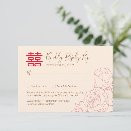 Chinesischer Eleganpeony Wedding RSVP mit QR-Code (Stehend Vorderseite)