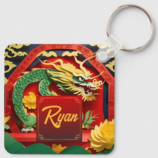 Chinesischer Grüner Drache Neujahr 2024 Monogramm Schlüsselanhänger (Rückseite)