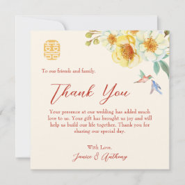 Chinesischer Hochzeitgelber Blumenvogel Dankeskarte