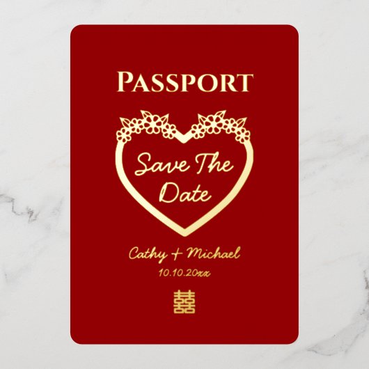 Chinesischer Hochzeitspass Save the Date Folieneinladung (Vorderseite)