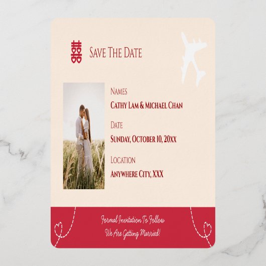 Chinesischer Hochzeitspass Save the Date Folieneinladung (Rückseite)