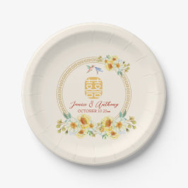 Chinesischer Hochzeitsrahmen Gelbblütenvogel Pappteller