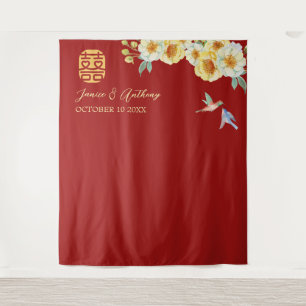 Chinesischer Hochzeitsroter Blumen-Vogel-Foto-Hint Wandteppich