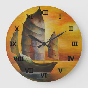 Chinesischer Junk in Ocker und Gelb Große Wanduhr