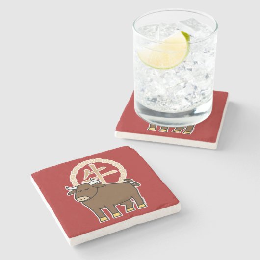 Chinesischer Mondkalender Neujahr Ox Bulle Glück G Steinuntersetzer (Seitenansicht)