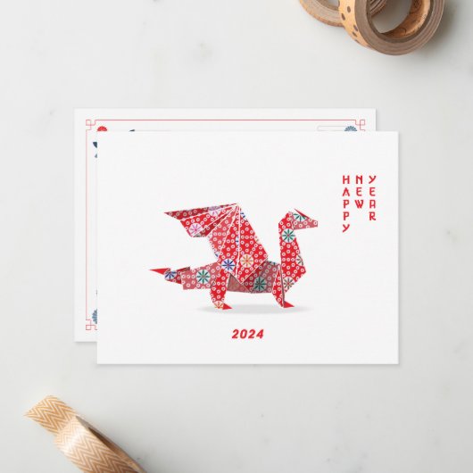 Chinesischer Neujahrsdrache 2024 Roter Origami Mitteilungskarte (Vorderseite/Rückseite Beispiel)
